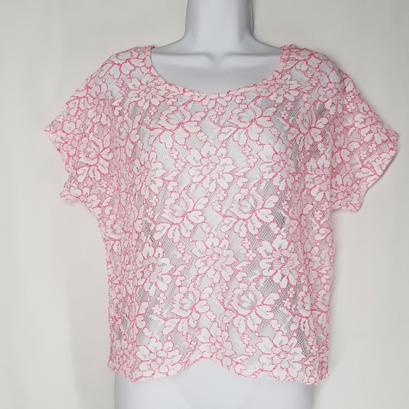 WET SEAL Pink White Lace Short Sleeve Bow Back Top XL - Picture 4 of 8